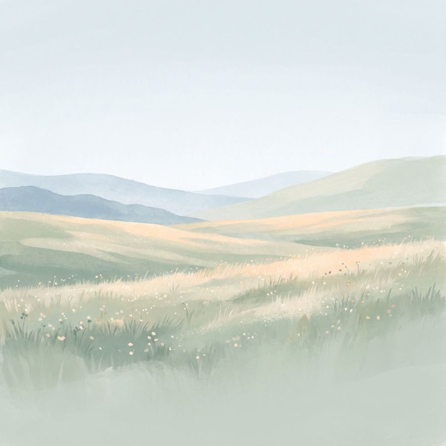 Soft green hills under a pale morning sky, the first place on the Wordfellows journey